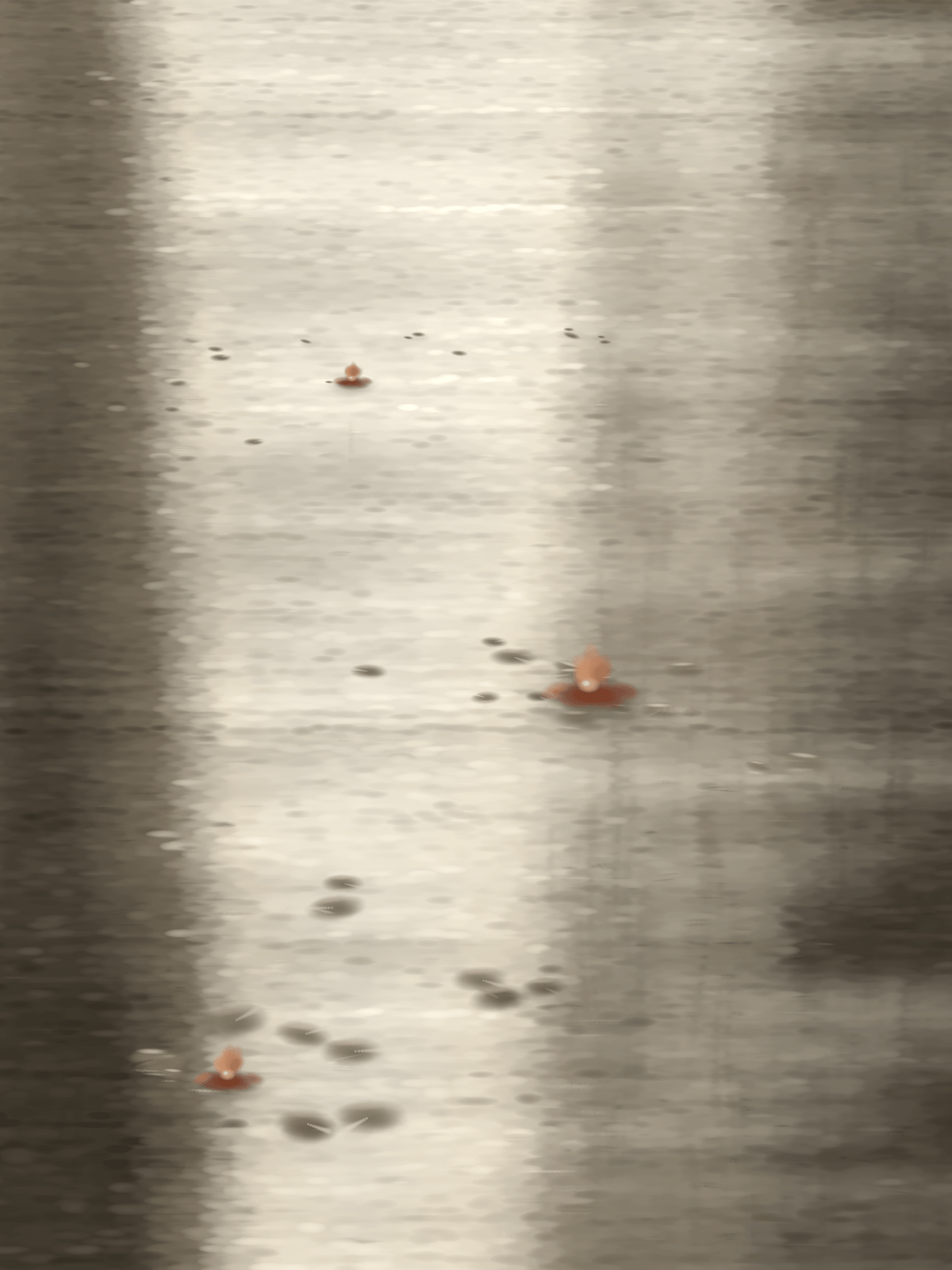 Impressionist water study in warm bone tones with rust water lilies, after Monet
