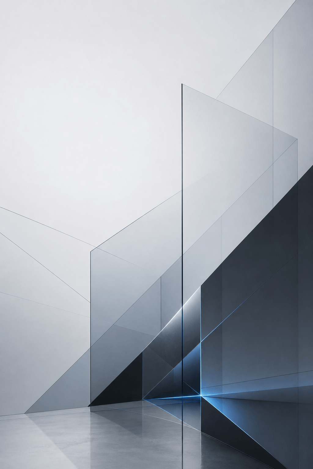 Abstract architectural glass planes with a subtle blue light